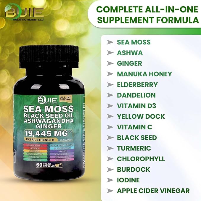 BUIE Sea Moss Capsules (Ginger) | Irish Moss with Black Seed Oil, Ashwagandha & Ginger | Seamoss Superfood for Energy, Immunity, Joint & Skin Health | Vegan, Non-GMO | 60 Capsules