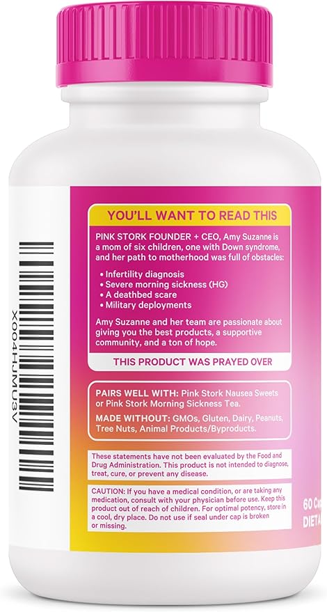 Pink Stork Vitamin B6, Ginger, Electrolyte Capsule - Natural Digestive Support with Peppermint, Potassium, Magnesium - Gentle on The Stomach - Pregnancy, + Motion Sickness Must Haves - 60ct