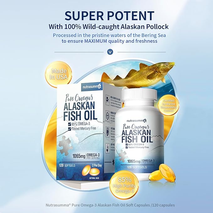 High Purified Omega 3 Supplement Wild Alaskan Fish Oil Burpless & No Fishy Taste, 650mg EPA &270mg DHA of 1250mg Fish Oil softgels, Gluten Free, Heart, Brain& Immune Support, 60 Servings