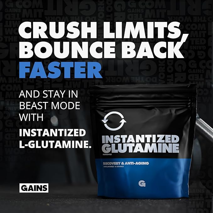 Gains in Bulk L-Glutamine, Gluten Free Glutamine Powder for Muscle Recovery and Growth, Post Workout Support, Amino Acid Supplement, Promotes Protein Synthesis, Non GMO, Unflavored, 90 Servings