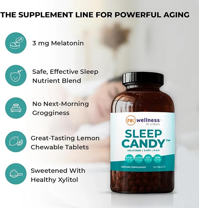Reignite Wellness by JJ Virgin | Sleep Candy | Chewable 5-HTP Supplement with Inositol, Vitamin B6, Melatonin & L-Theanine for Adults | Lemon Flavor | 60 Tablets
