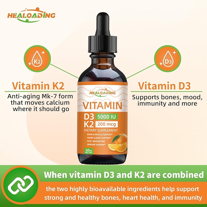 HEALOADING Vitamin D3 K2 Drops, Organic Plant D3 + K2, Vitamin D Liquid 5000 IU, K2 200 mcg Liquid K2 D3 Vitamin Supplements for Body’s Defenses, Faster Absorption, Healthy Bones and Immune Support