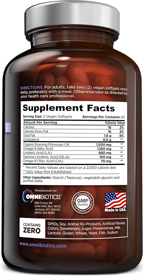 Organic Evening Primrose Oil for Women, Clinical Strength 1500mg per Capsule - 10% GLA, Cold-Pressed, Non-GMO, Hormone Balance for Women, Aceite De Onagra Organico - 120 Vegan Softgel Capsules