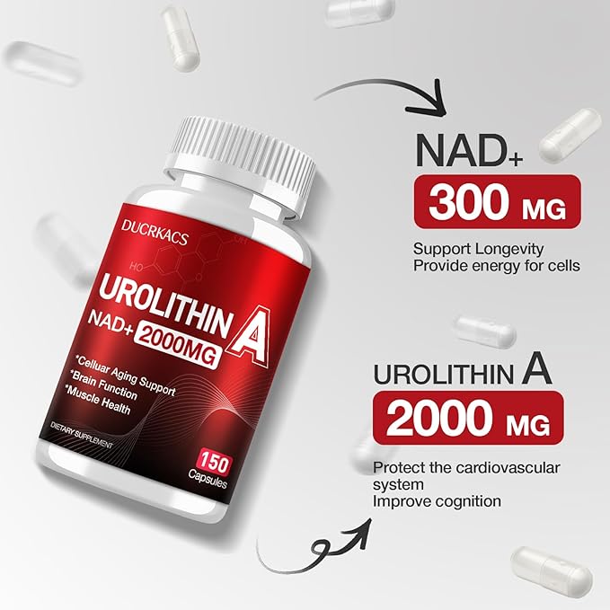 Urolithin A Supplement 2000MG for Anti-Aging, Antioxidants and Mitochondrial Support, High Purity & Potency NAD+ Supplement for Cell Regeneration, Resveratrol, Nicotinamide Riboside, 150 Capsules