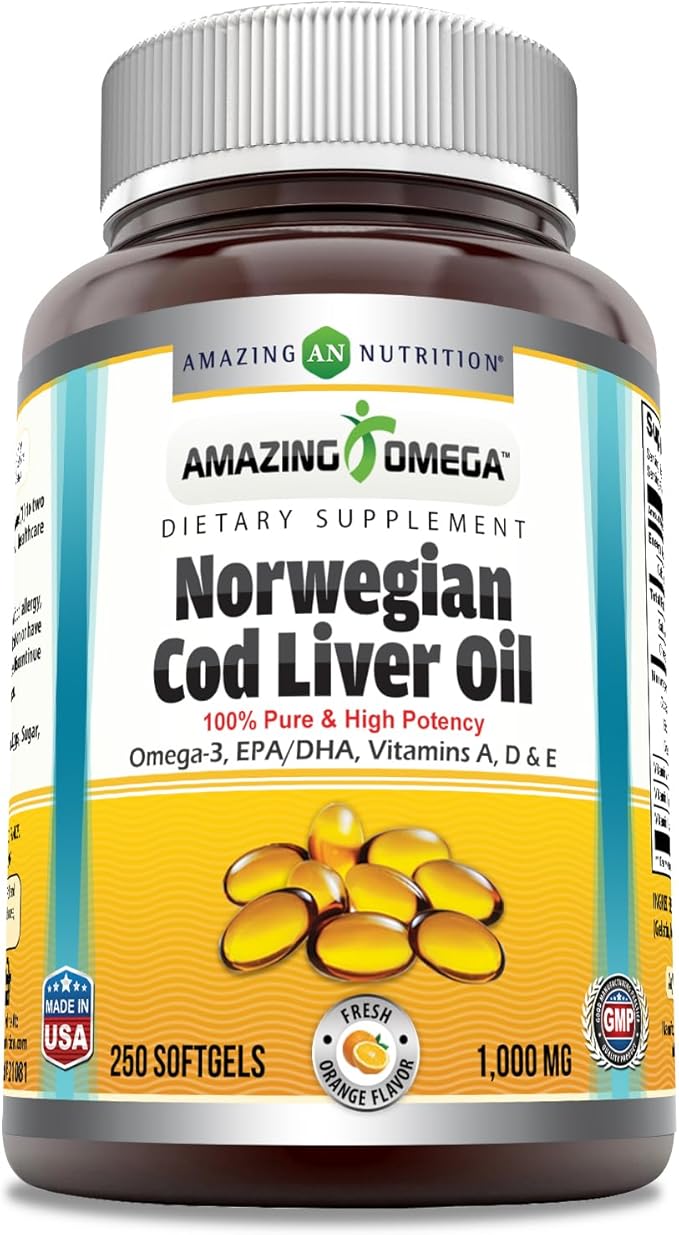 Amazing Omega Norwegian Cod Liver Oil 1000 Mg Softgels Supplement | Omega-3, EPA, DHA, Vitamin A, Vitamin D & Vitamin E (Orange | 250 Count)