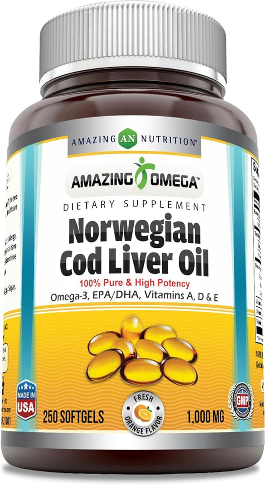 Amazing Omega Norwegian Cod Liver Oil 1000 Mg Softgels Supplement | Omega-3, EPA, DHA, Vitamin A, Vitamin D & Vitamin E (Orange | 250 Count)
