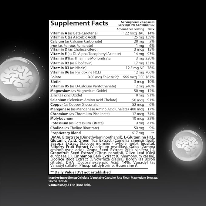 Vigor Brain Premium Nootropic Supplement – Concentration, Brain & Memory Support – Formulated with 40 Unique Nootropic Ingredients: DMAE, Choline, Phosphatidylserine, Bacopa Monnier & Huperzine A (1)