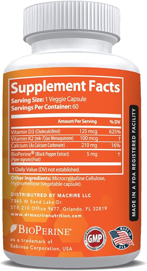 Vitamin D3 K2, 5000 IU Vitamin D3 and 100mcg K2 with Calcium for Bone, Muscle and Immune Support Supplement, Black Pepper Extract, Non-GMO Formula, 60 Capsules.