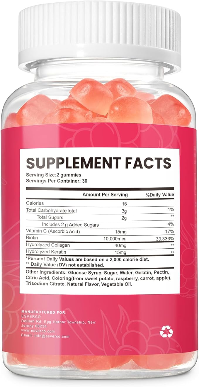 Biotin 10000mcg Keratin Collagen Gummies Supplements Hair Skin and Nails Vitamins Gummies Daily Hair Nail Growth & Strengthener Gummies for Women Vegan Biotin and Vitamin C Gummy 60 Count