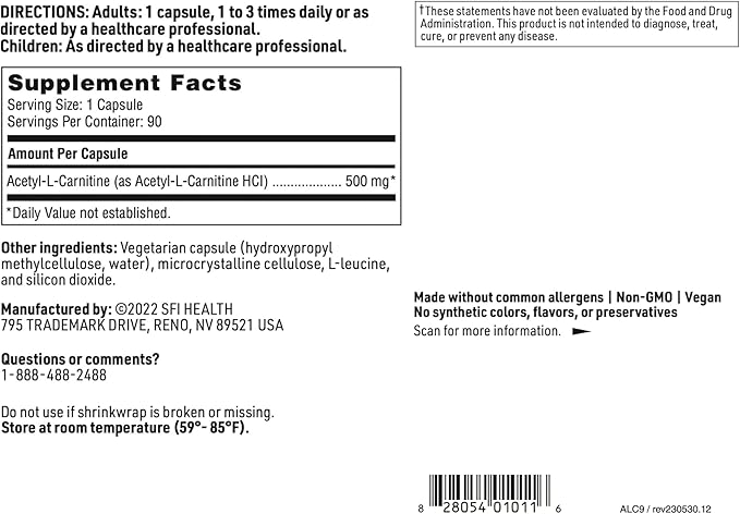 Klaire Labs Acetyl-L-Carnitine 500 mg - Hypoallergenic Acetyl L-Carnitine Supplement - Promotes Cognitive Health, Energy Production & Brain Support (90 Capsules)