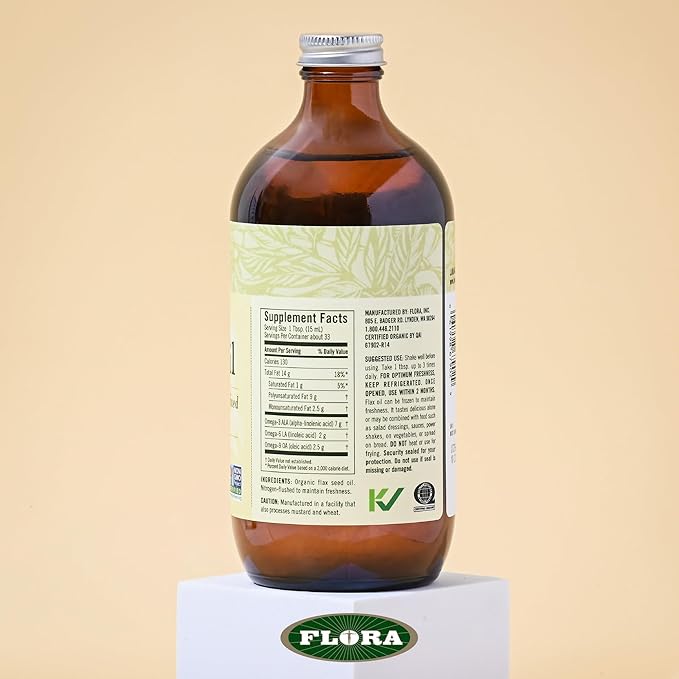 Flora - Flax Oil - Cold-Pressed, Unrefined, Organic Flax Seed Oil - Contains Omega-3 & Omega-6 - Non-GMO & Gluten-Free - Keep Chilled - 17 fl. oz. Amber Glass Bottle