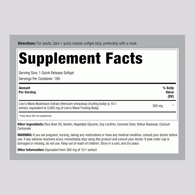 Piping Rock Lions Mane Supplement | 3000mg | 180 Softgel Capsules | Mushroom Fruiting Body Extract | Non-GMO, Gluten Free