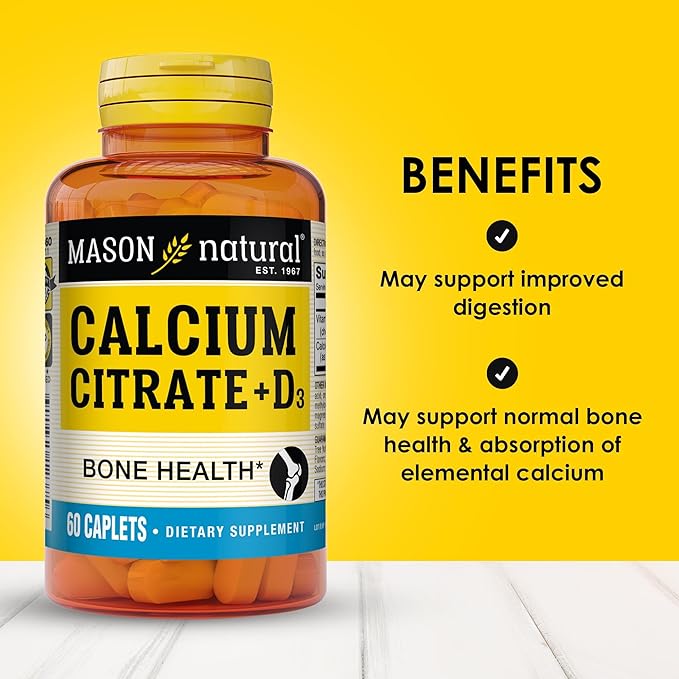 MASON NATURAL Calcium Citrate Plus Vitamin D3, 2 Month Supply, Strengthens Muscle Function & Bone Health, 60 Caplets