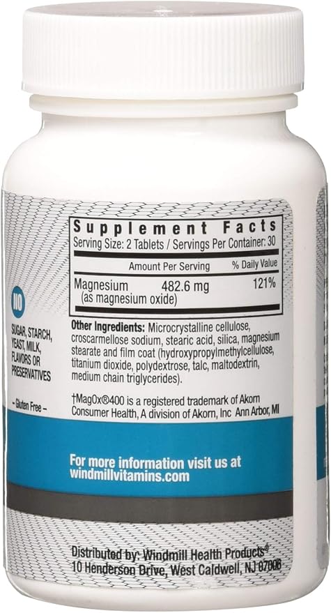 Windmill Natural Vitamins Magnesium Oxide 400 mg, Immune Support, Supports Muscle Recovery, Supports Healthy Heart, 60 Count, 30 Servings