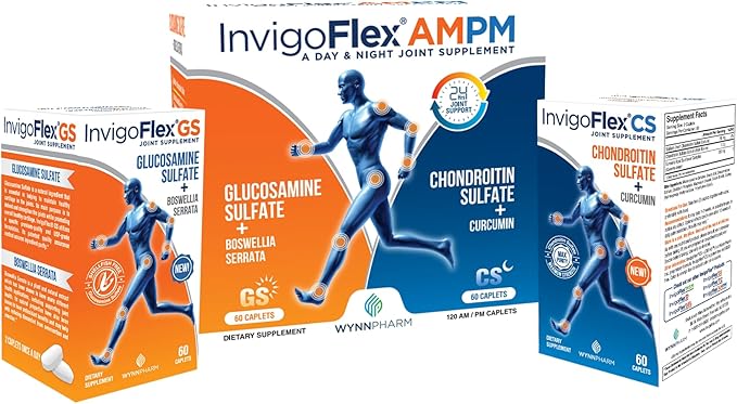 INVIGOFLEX® AMPM - Glucosamine & Chondroitin Sulfate - Turmeric Curcumin - Boswellia Serrata (Non GMO) for Knees, Hands, Back and Hip 24 - Hour Premium Joint Supplement