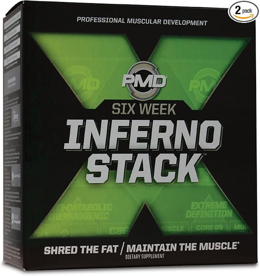 PMD Sports Six Week Inferno Stack - Maximum Strength Fat Burner and CLA Omega Fatty Acid to Lose Fat Fast and Increase Muscle Tone - Arsenal X Inferno/120 Liquid Gels, Omega Cuts Elite/180 Softgels