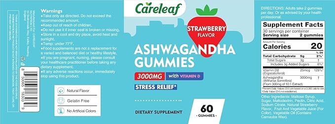 Vegan Ashwagandha Gummies-3000mg High Potency Ashwagandha Root Extract with Vitamin D2 | Strawberry Flavor | 60 Cts/Bottle