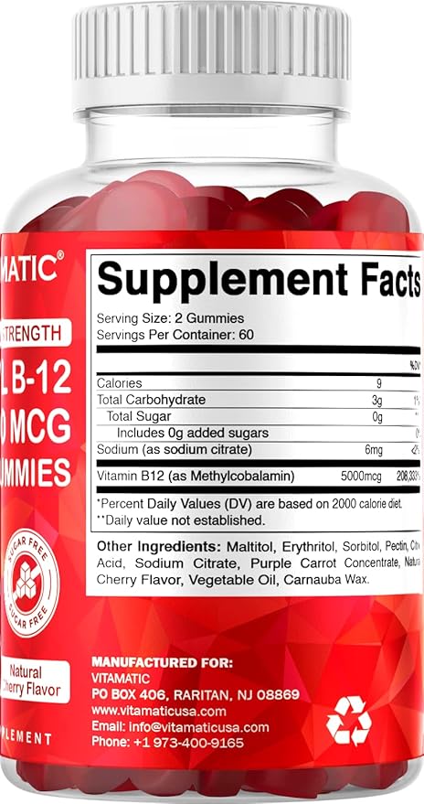 Vitamatic 2 Packs Extra Strength Vitamin B12 5000 mcg (Methyl B12) Gummies - 120 Count - Energy Metabolism Support and Nervous System Health Support, Natural Cherry Flavored