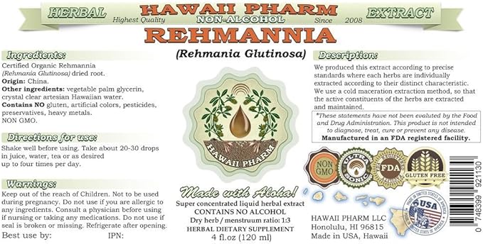 Rehmannia Alcohol-Free Liquid Extract, Organic Rehmannia (Rehmania Glutinosa) Dried Root Glycerite Natural Herbal Supplement, Hawaii Pharm, USA 4 fl.oz