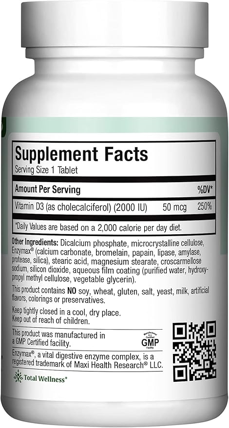 Maxi Health Vitamin D3 2000 IU - for Healthy Muscle Function, Bone Health and Immune Support – 180 Tablets – Best Kosher Supplement for Adults