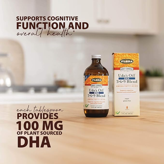 Flora - Udo's Oil DHA 3-6-9 Blend - Vegetarian Eye & Brain Health Supplement - Omega-3 & Omega-6 - Contains Sunflower & Flax Seed Oil - Kosher & Organic - Keep Chilled - 17 fl. oz.