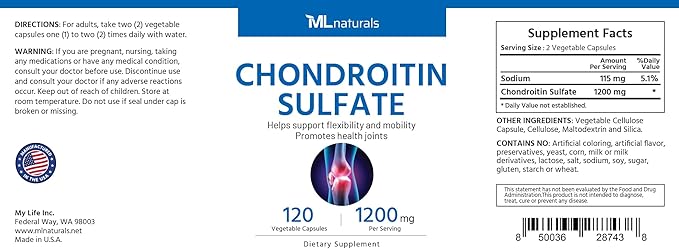 Chondroitin Sulfate 1200 mg, 120 Vegan Capsules. 99% Purity Chondroitin for Flexibility, and Mobility