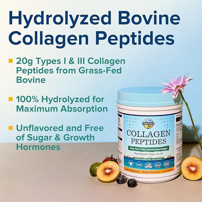 Terranics Hydrolyzed Collagen Peptides Powder, Grass Fed & Pasture Raised Bovine, Type I & III Collagen for Women, No Sugar, No Hormones, Keto, Beauty Support, Easy Mixing, Unflavored, 16oz