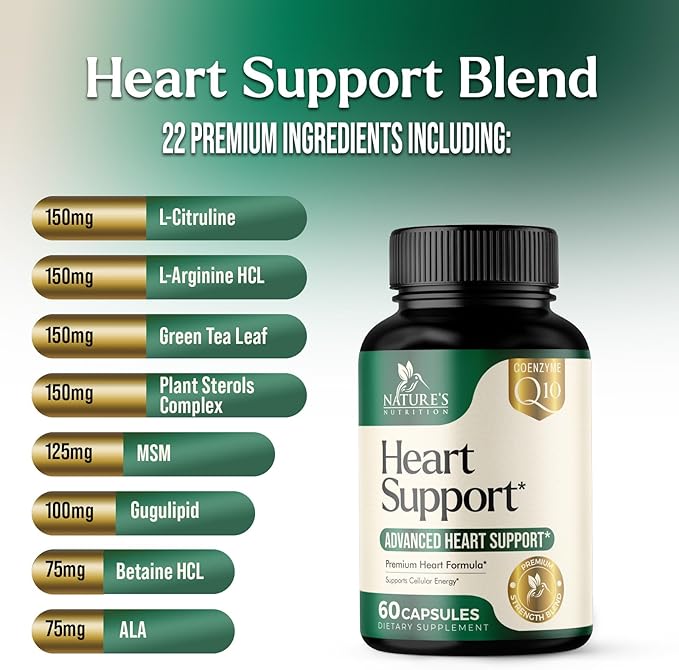 Heart Supplements for Men & Women 1650mg - Antioxidants for Heart Health Support with CoQ10, Hawthorn, Plant Sterol & More Vitamins to Support Nitric Oxide & Energy Production, Non-GMO - 60 Capsules