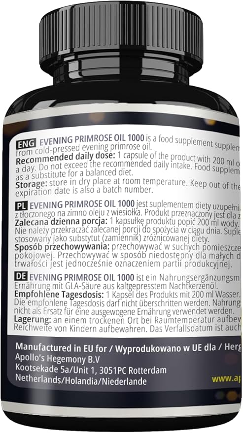 APOLLO'S HEGEMONY Evening Primrose Oil 1000 mg with Vitamin E - Contains 100 mg of GLA Acid - 120 Softgel Capsules - 4 Months Supply - Diet Supplement to Support Hormonal Balance and Skin Health