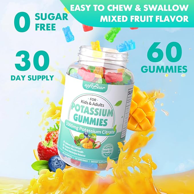 softbear Potassium Citrate Gummies, High Potency Potassium Citrate 1000mg Supports Leg Cramps & Muscle Health Potassium Gummies for Adults & Kids Mixed Fruit Flavor 120 Count