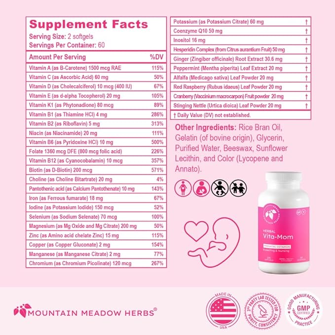 Mountain Meadow Herbs Vita-MOM - Herbal Prenatal Vitamins for Women: Unique Blend of Folic Acid, Vitamins, Iron & Herbs in Soft Gel Caps - 2-Month Supply (120 ct.)