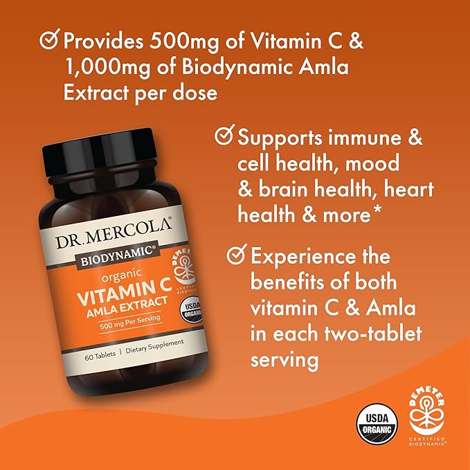 Dr. Mercola Biodynamic Organic Vitamin C Amla Extract, 30 Servings (60 Tablets), 500 mg Vitamin C, Dietary Supplement, Supports Healthy Immune Function, Non-GMO