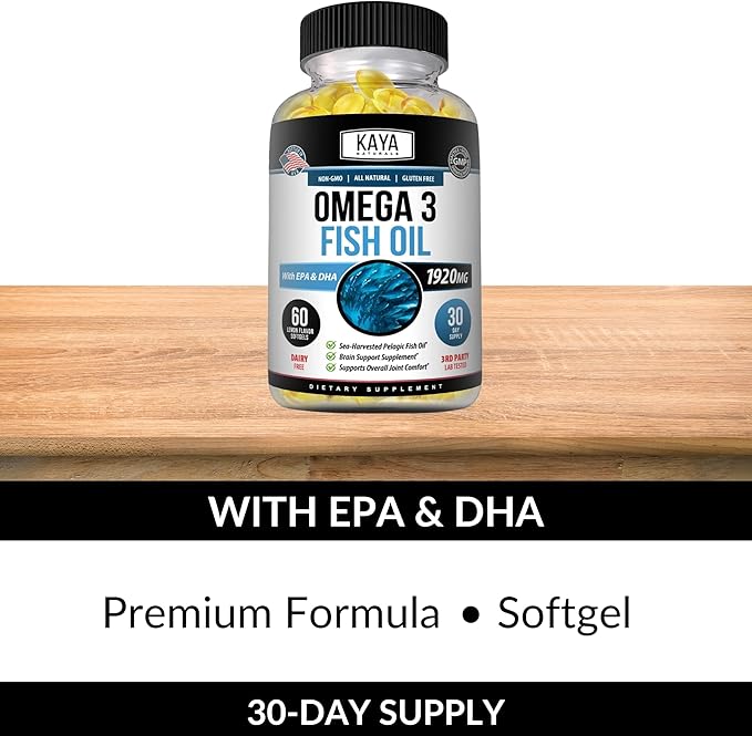 Kaya Naturals Omega 3 Supplement - Nature Made Omega 3 Fish Oil - 100% Pure Sea-Harvested Pelagic Fish Oil with No Fishy Aftertaste - 60 Count Softgels
