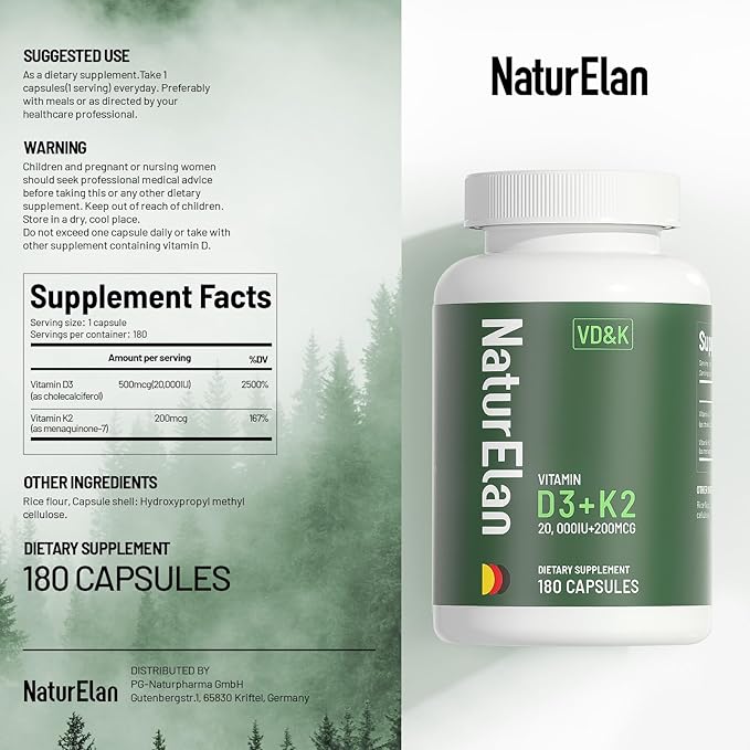 Vitamin D3 K2 Supplement - 20,000 IU+200mcg K2(MK-7), 180 Capsules, Third-Party Tested, K2 + D3 Supplements for Bone, Immune, Heart & Teeth Health Support, Vegan, Non-GMO, Gluten Free