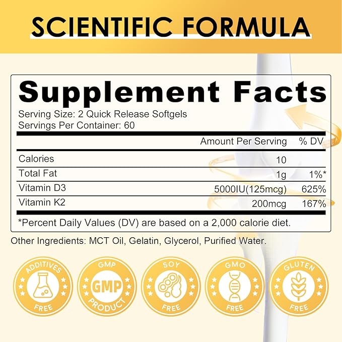 Vitamin D3 K2 Supplement with Vitamin D3 5000 IU, 200 mcg Vitamin K2 MK-7 & Natural Coconut Oil, Plant Based 2-1 Formula for Bone, Teeth, Muscle and Immune Health Support,120 Softgel Capsules