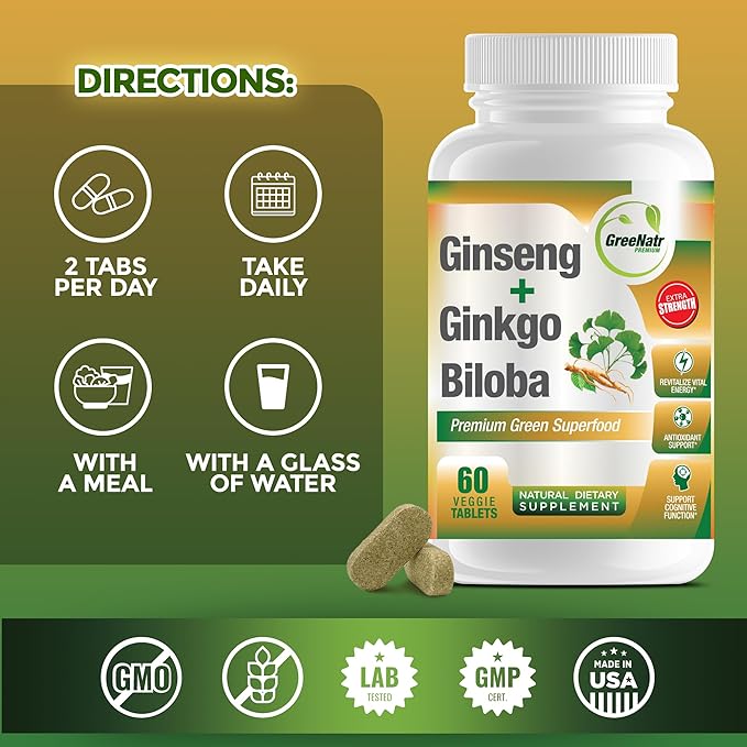 Ginko Biloba & Panax Ginseng Supplement - Red Ginseng Brain Supplement for Memory and Focus - Ginkgo Biloba Supplements for Good Vision, Immune System and Improved Blood Flow - 3 Bottles