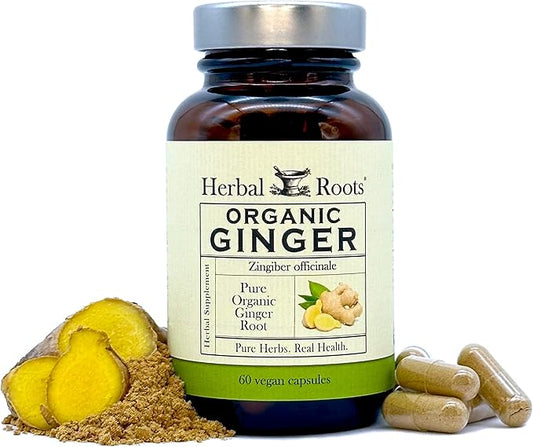 Herbal Roots Ginger Supplement | Organic Ginger Root Capsules | 1,200 mg of Pure Ginger Powder per Serving | 60 Vegan Capsules