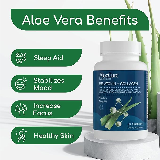 AloeCure Natural Melatonin + Collagen with Organic Aloe Vera - Natural Sleep Aid Supplement for Restful Nights - Collagen Complex for Joint Strength, Skin Elasticity, Hair & Nail Growth, 30 Capsules