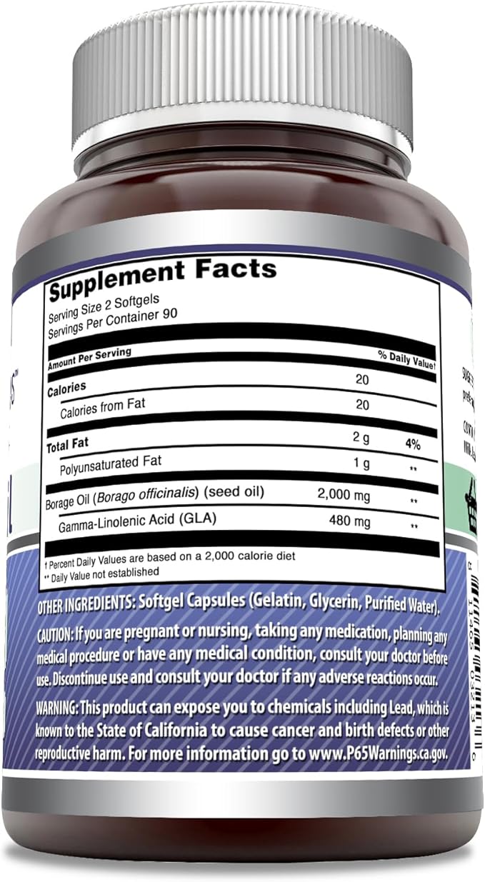 Amazing Formulas Borage Oil Supplement | 2000 Mg Per Serving | 180 Softgels | Non-GMO | Gluten-Free | Made in USA