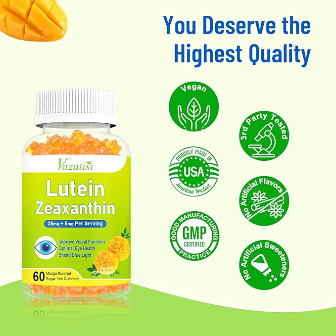 Eye Vitamins Lutein & Zeaxanthin Gummies, Sugar Free Eye Health Supplements with Bilberry, Astaxanthin - Support Blue Light, Visual Function and Macular Health - Mango Flavored, 120 Count