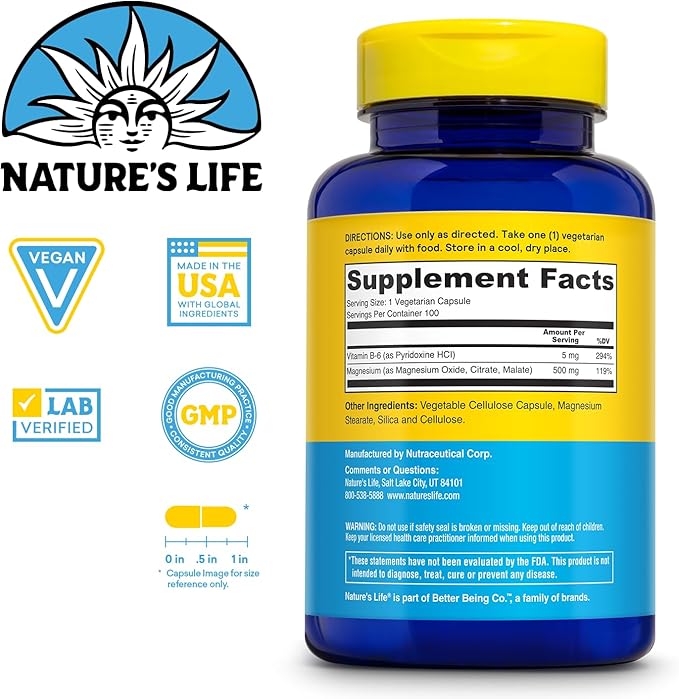 Natures Life Renewing Magnesium 500 mg - Magnesium Citrate, Magnesium Malate, Magnesium Oxide Plus Vitamin B-6 - Muscles and Nerves Support - Lab Verified (100 Servings, 100 VegCaps)