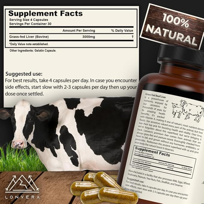 Grass Fed Beef Liver Capsules | Dessicated Liver Supplement | Freeze Dried Liver Pills | 30 Servings | 3000 mg | 120 Count