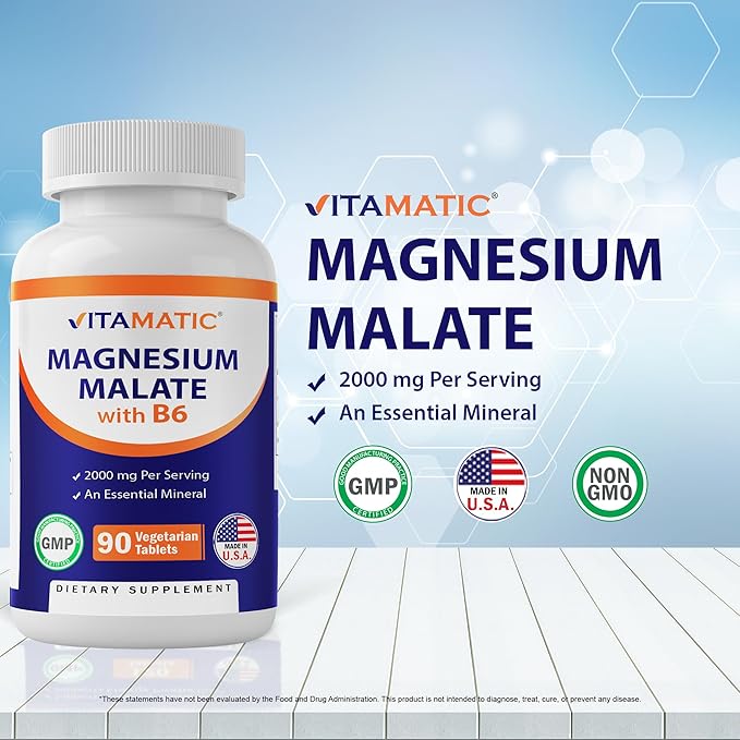 Vitamatic Magnesium Malate 2000mg per Serving - 90 Vegetarian Tablets - Added B6 for Maximum Absorption - Supports Muscle, Joint, and Heart Health* (2 Bottles, Unflavored)