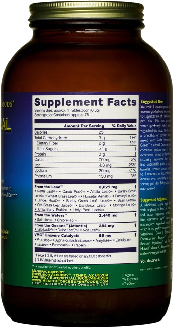 HealthForce SuperFoods Vitamineral Green - Mineral Supplement for Immune & Thyroid Support - Green Powder Supplement with Ingredients from The Land - Gluten-Free & Vegan - 500 Grams