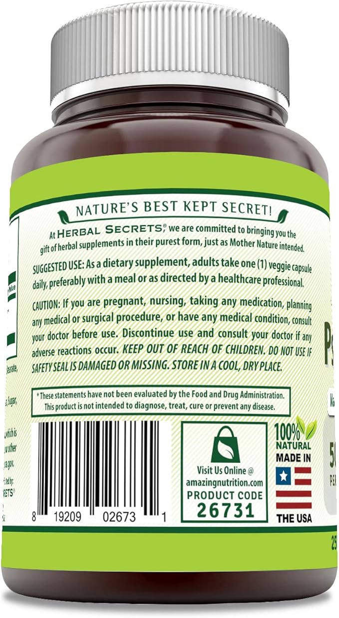 Herbal Secrets Psyllium Husk Supplement | 500 Mg | 250 Veggie Capsules | Non-GMO | Gluten Free | Made in USA