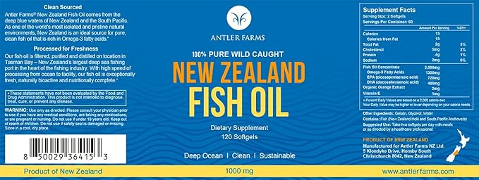Antler Farms - 100% Pure Wild Caught New Zealand Fish Oil from Deep Ocean, Cold Water Fish, 120 Softgels - Clean, Fresh Omega-3 EPA + DHA Supplement, Keto Friendly, Super Clean