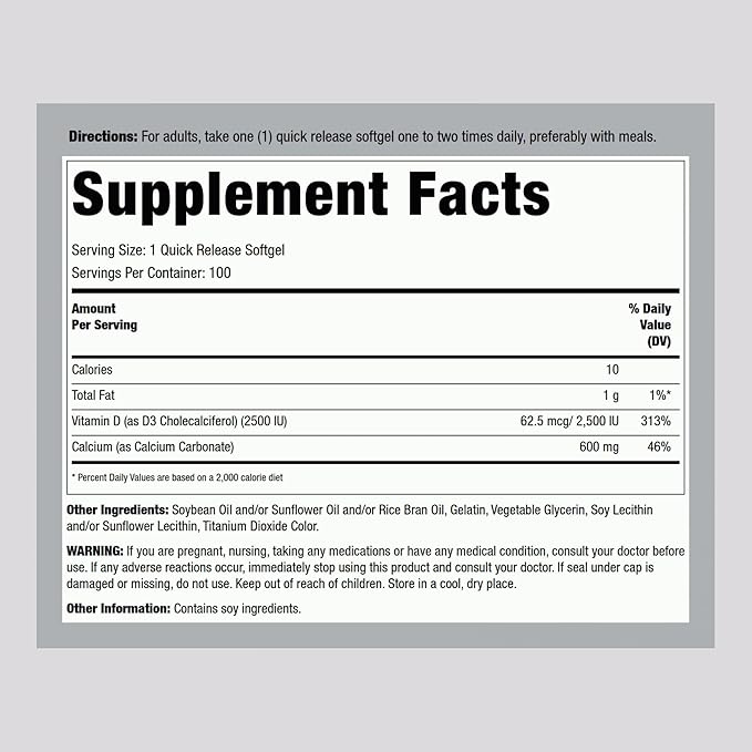 Lindberg Calcium Supplement | 600 mg | 100 Softgels | with Vitamin D3 2500 IU | for Women & Men | Quick Release Pills | Non-GMO, Gluten Free