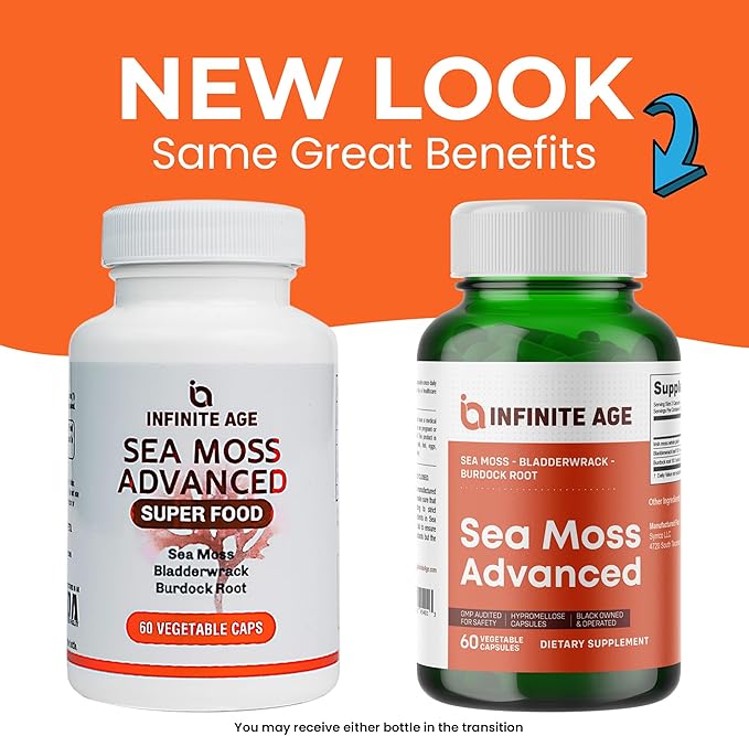 INFINITE AGE 2 Pack of 1250mg Sea Moss Advanced Superfood Capsules, 120 Count - High-Potency, Vegan, Made in The USA - Irish Seamoss, Bladderwrack, Burdock Root - Overall Health, Immunity Support