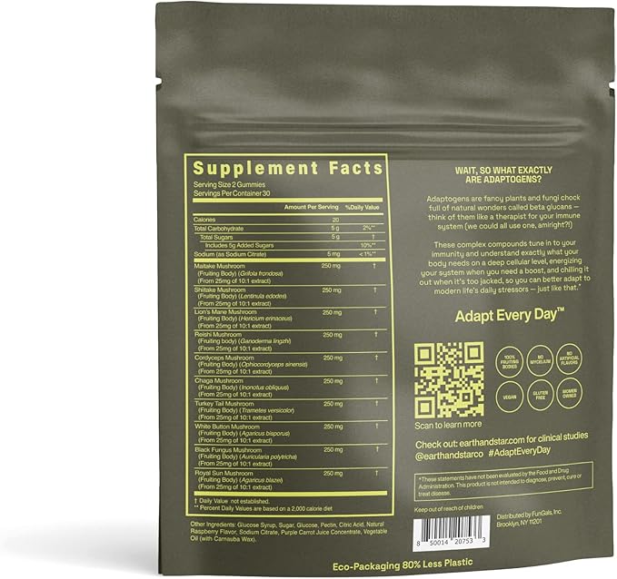 Earth & Star - 10 Mushroom Blend Gummies | 2500mg Mushroom Complex | Lion's Mane, Chaga, Turkey Tail and More | Daily Mushroom Supplement to Boost Immunity, Energy and Cognitive Functions | 60 Gummies