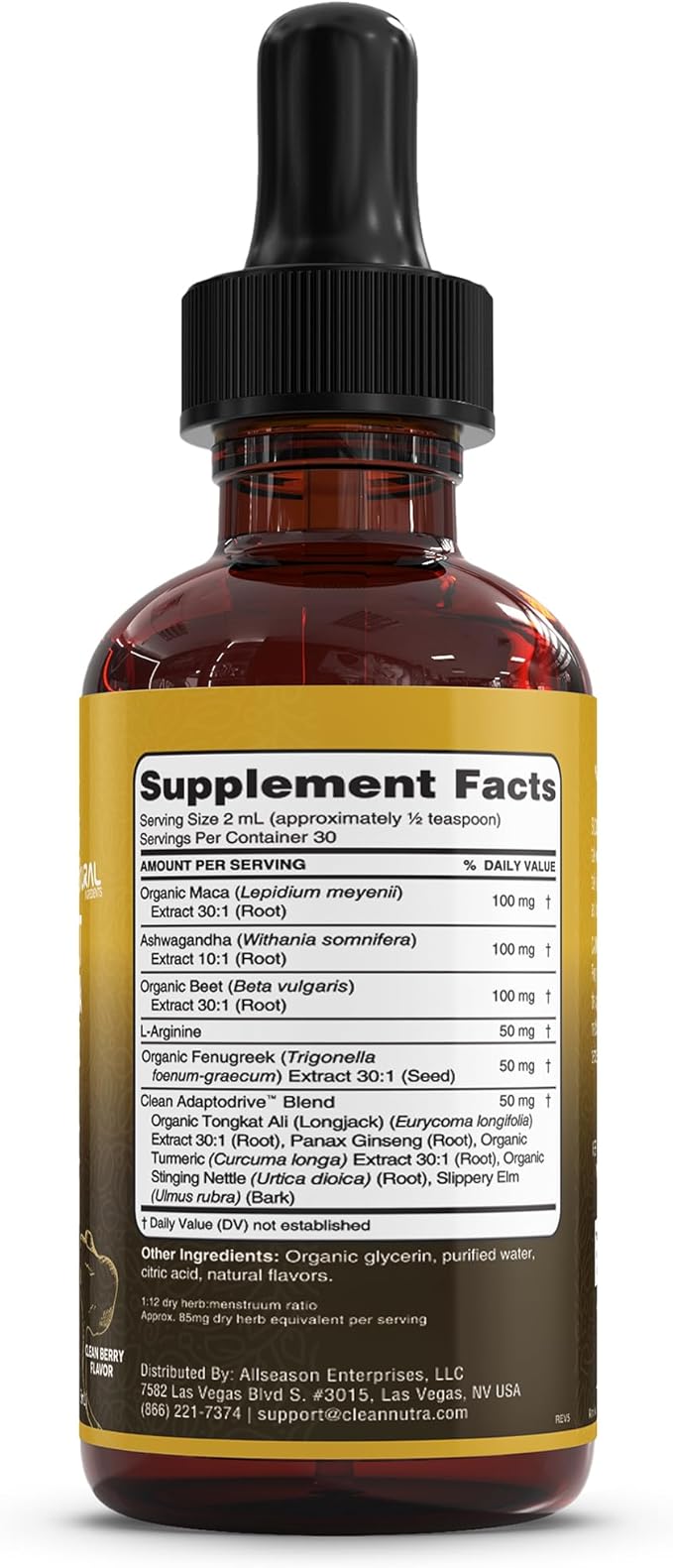 Clean Nutra Organic Maca Root Liquid Drops with Ashwagandha, Fenugreek, Beet Root and L-Arginine Liquid Multivitamin for Women and Men - Adapto Drive